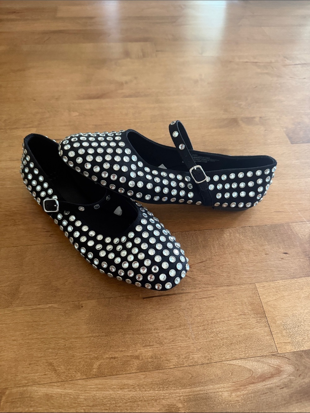 Black Studded Mary Jane Flats with Silver Rhinestones, Women’s Size 8.5